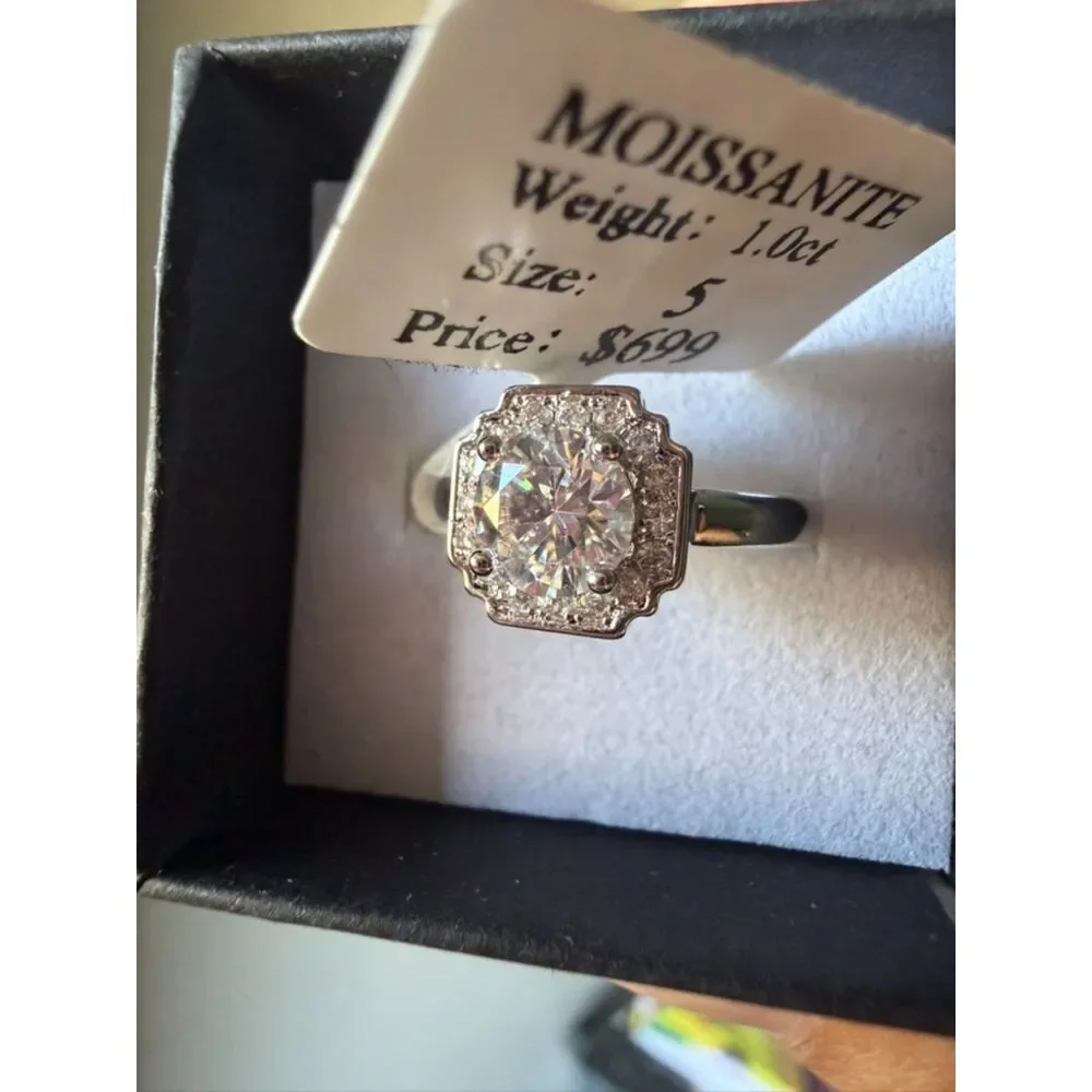 1 CT Round Moissanite Halo Ring Size 5 S925 Sterling Silver GRA